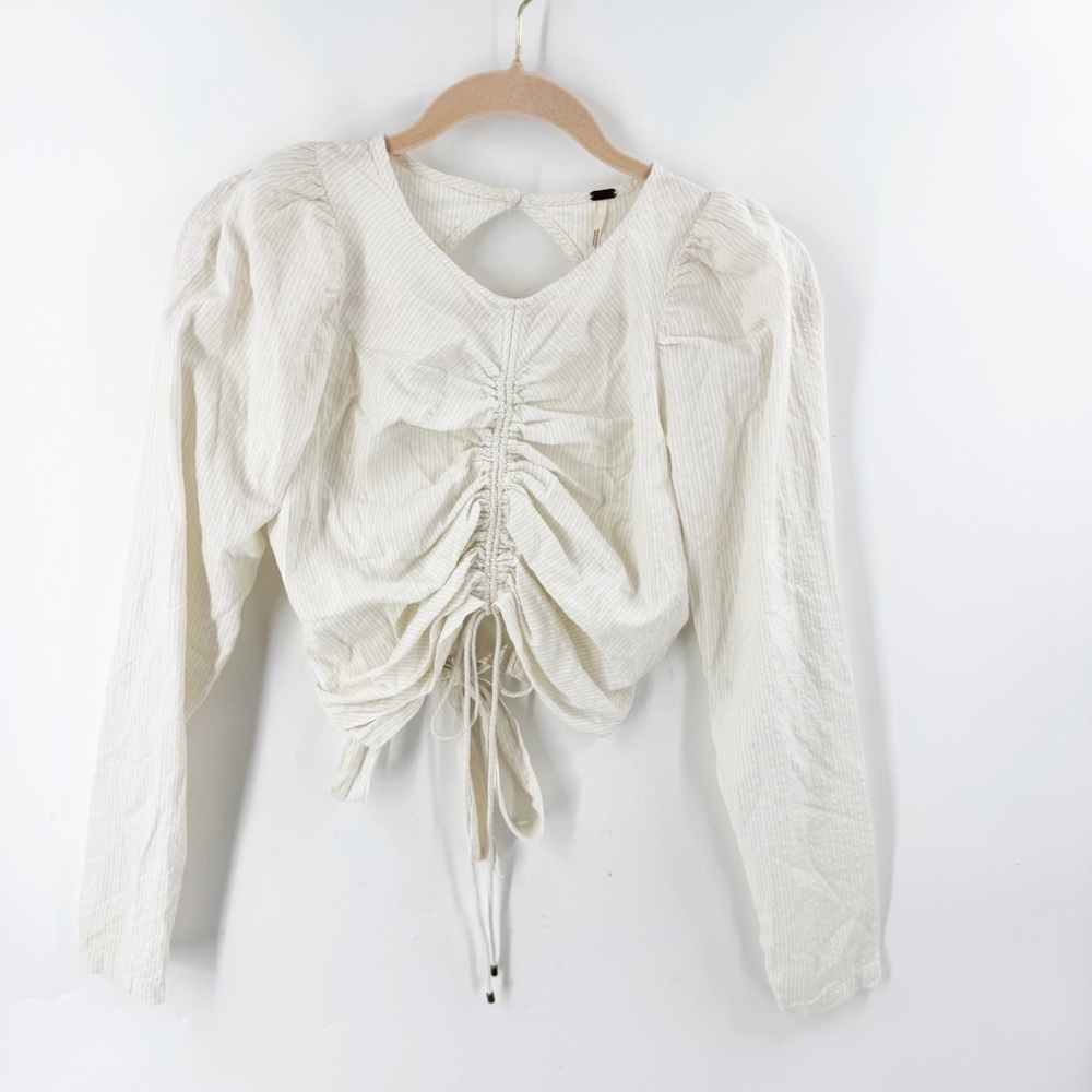 ✅ Free People‎ Long Sleeve Crop Top Cinch Front Waist Tie Size SMALL CREAM